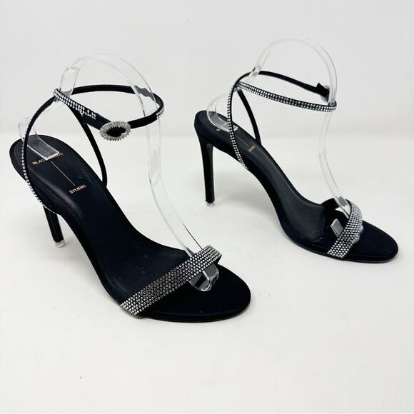 Black Suede Studio Rhinestone Crystal Sandal Wrap Heel Size 10 - Picture 1 of 13